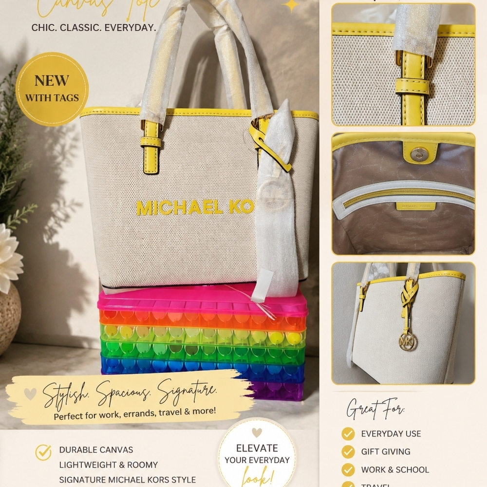 Michael Kors Canvas Tote in Cream with Yellow Trim